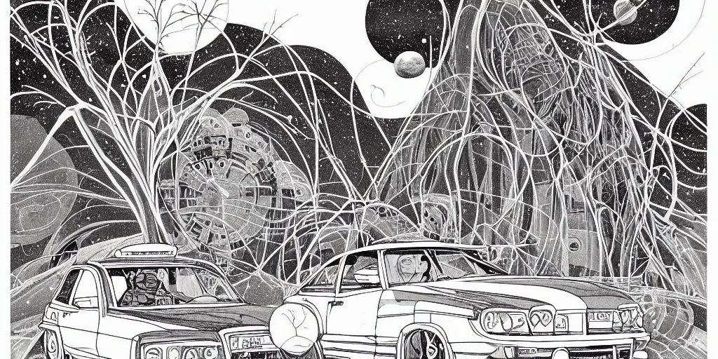 Image similar to traditional drawn colorful animation a car with solo man to valley symmetrical architecture on the ground, space station planet afar, planet surface, ground, tree, outer worlds extraterrestrial hyper contrast well drawn Metal Hurlant Pilote and Pif in Jean Henri Gaston Giraud animation film The Masters of Time FANTASTIC PLANET La planète sauvage animation by René Laloux
