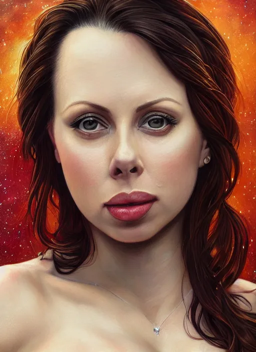 Image similar to beautiful portrait of gianna michaels and the background has a deep space painting by magali villeneuve, intricate, elegant, highly detailed, photorealistic, trending on artstation, trending on cgsociety