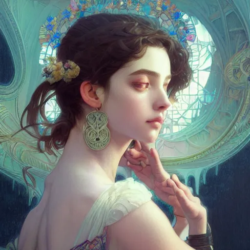 Image similar to beautiful young girl vaporwave aesthetic, synthwave, intricate, elegant, highly detailed, digital painting, artstation, concept art, smooth, sharp focus, illustration, art by artgerm and greg rutkowski and alphonse mucha