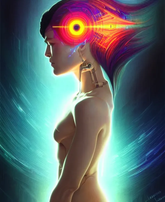 Image similar to a whirlwind of souls rushing inside the metaverse, hologram, half body, neurochip, shaved temple, piercing, jewelry, android, cyborg, cyberpunk face, by loish, d & d, fantasy, intricate, elegant, highly detailed, colorful, digital painting, artstation, concept art, art by artgerm and greg rutkowski and alphonse mucha