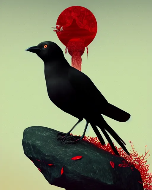 Image similar to beautiful digital fantasy illustration of a black bird with a red background, vanitas, wiccan, tarot card, angel sitting on a rock, abyssal warmth, octane render, detail texture, unreal engine, poster art by victo ngai, 8 k, photographic quality, ultra hyper realistic quality