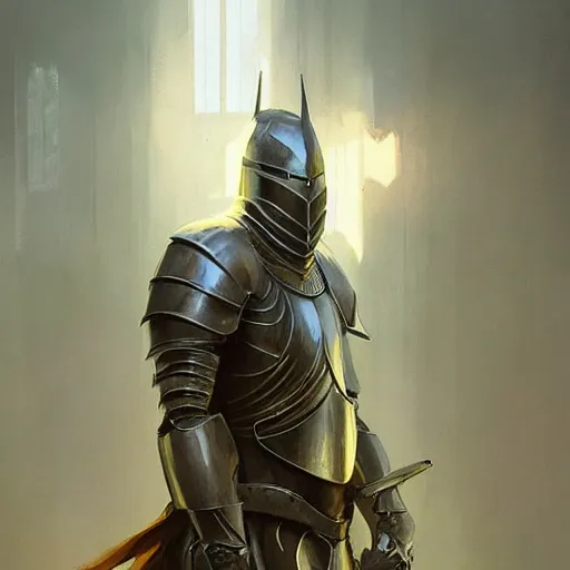Prompt: a knight in amazing fantasy armor, sleek, lightweight but imposing, light glowing from the seams. beautiful highly detailed fantasy painting by greg rutkowski