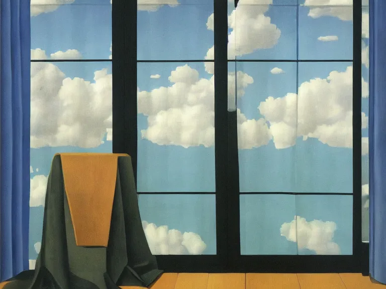 Image similar to curtains with clouds painted on them, painting by rene magritte, centered, high detail, high resolution