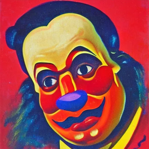 Image similar to communist clown portrait, soviet propaganda painting, vivid colors
