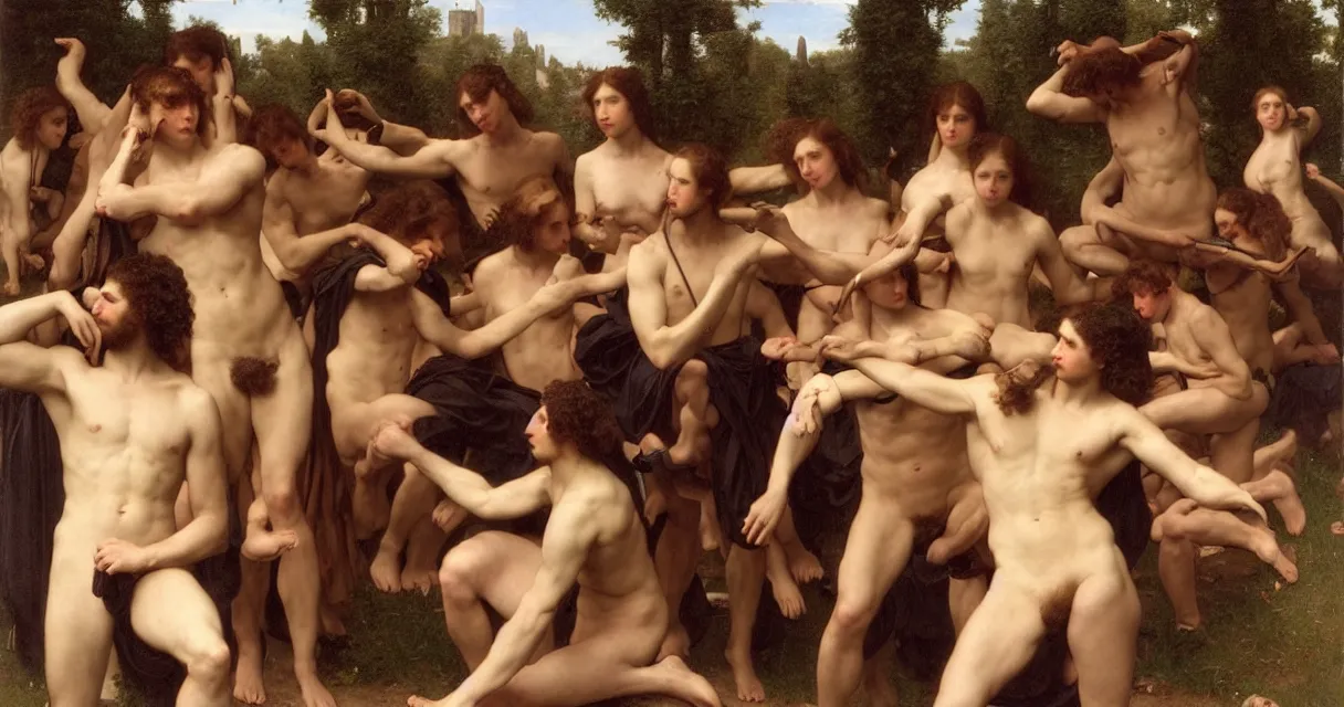 Prompt: large group of pre-Raphaelite muscular athletic male wearing headset siting and working on macbook Bouguereau and raphael