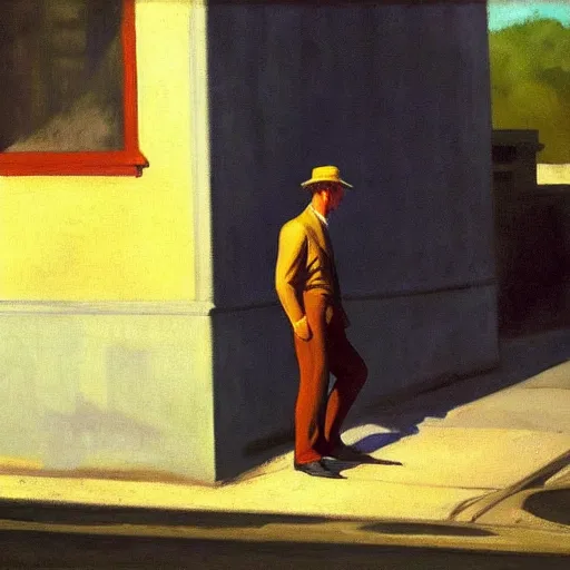 Image similar to oil painting of a man wandering the abandoned streets of an overgrown city, edward hopper.