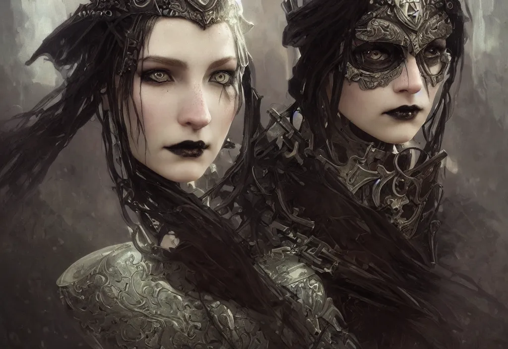 Image similar to beautiful and gothic and evil and dieselpunk young medieval female knight portrait + smoky eyes + front face with light flowing hair, ultradetail face, art and illustration by tian zi and craig mullins and wlop and alphonse mucha, fantasy, intricate complexity, human structure, human anatomy, fantasy character concept, watermark, blurry, hyperrealism 8 k