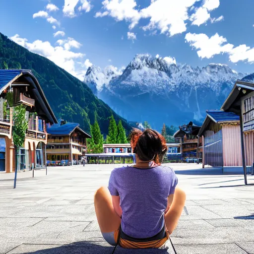 Prompt: digital drawing of a female software developer sitting outside in front of a modern campus building with beautiful mountains in the background, summer, alps, 4k, unreal, digital health, cartoon