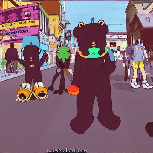 Prompt: happybears!, happy bears! kill union, humanoid bears, bear costumes, happy faces, evil happy faces, rollerblading, rollerskates, four humanoid bears, 2 0 0 1 anime, flcl, golden hour, japanese town, cel - shaded, strong shadows, vivid hues, y 2 k aesthetic
