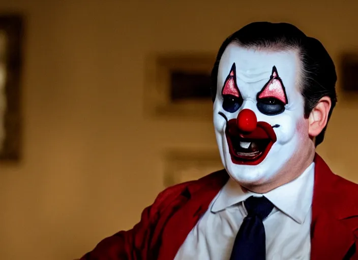 Prompt: ted cruz as art the clown, movie still, from the new terrifier movie, 8 k, realistic