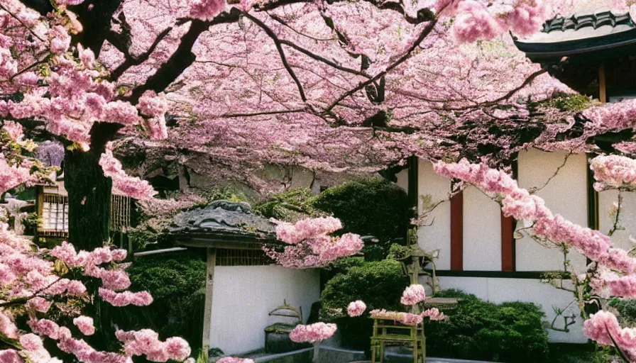 Image similar to 1 9 9 0 s candid 3 5 mm photo of a beautiful day in the a dreamy flowery japanese cottage, cinematic lighting, cinematic look, golden hour, a desk for flower arrangements has sun shinning on it through a window, temple and cherry blossoms in the distance, photographed by petra collins, magical details and glowing lights, uhd