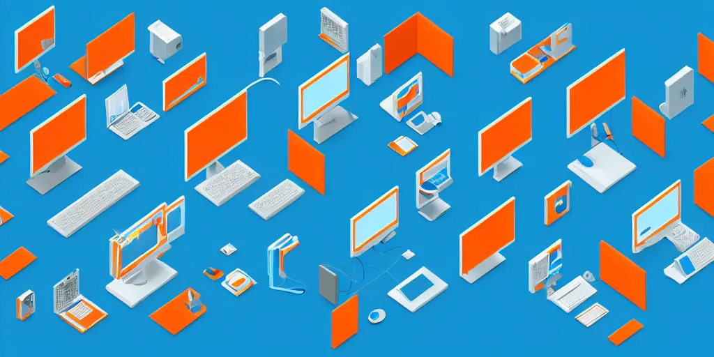 Image similar to Many computers interconnected, isometric view from above. Minimalistic design, contemporary design, infographics. Logo. Blue, cyan and orange palette. Vivid, 8K, Epic, Masterpiece