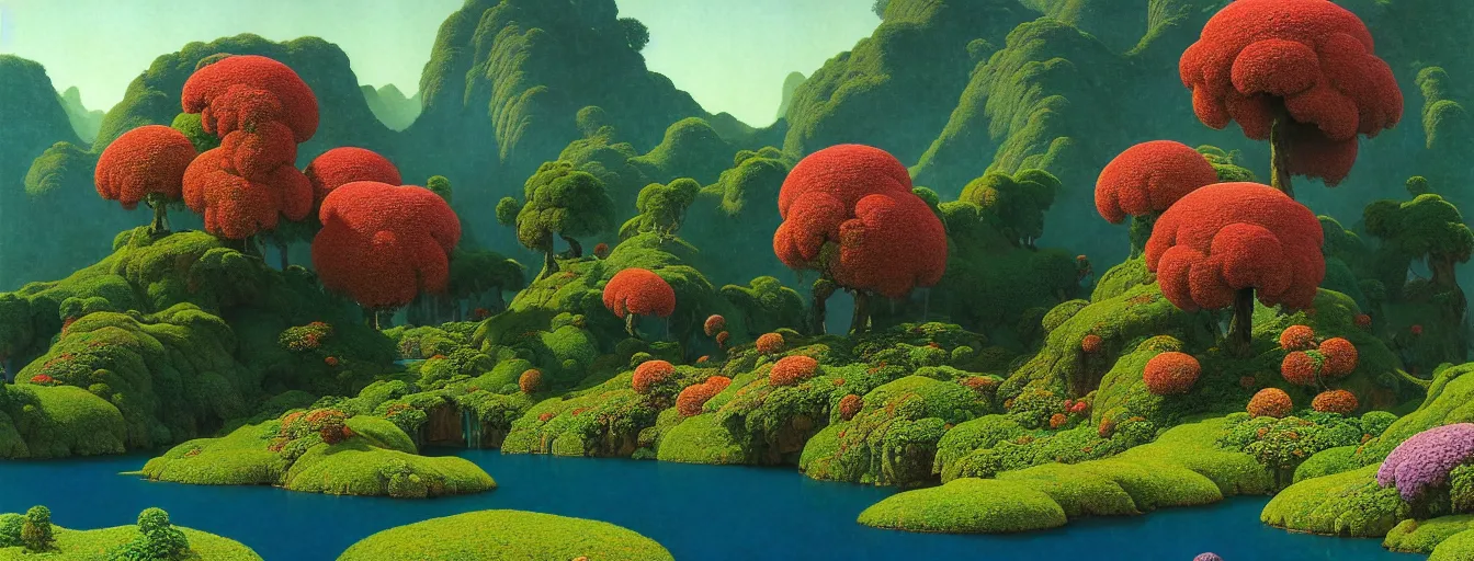 Image similar to a gorgeous very early spring series of lush islands separated by flower - lined streams, twisted gardens, flowers, fronds, painting by barlowe wayne maxfield parrish and marco mazzoni. tree no leaf!!!! china mountain village!! very little light verdancy. ultra clear detailed. 3 d, octane render. turbulent blood lake.