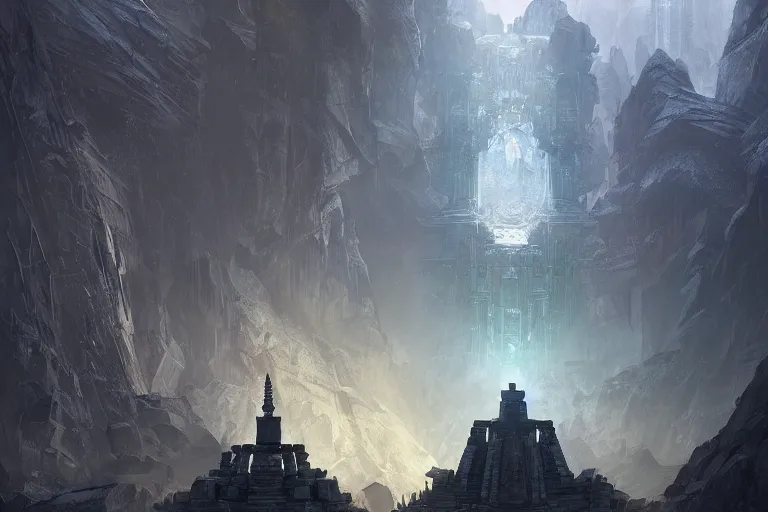 Image similar to the lost ancient temple, in the style of stephan martiniere and vicente segrelles, trending on artstation, back lighting tilt - shift cottagecore, abstract illusionism, movie poster, creature concept art, precisionism