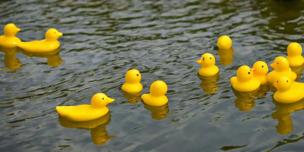 Prompt: ! rubber ducks! swimming in a pond, ripples, 5 0 mm lens, ( good lighting ), ( flowers ), reflections