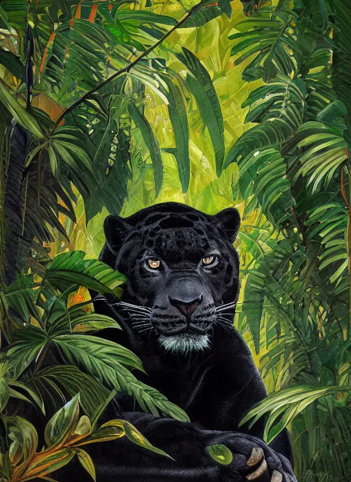 Image similar to a beautiful painting portrait of a black jaguar surrounded by the leaves of the jungle, highly detailed close up, fantasy art, matte painting