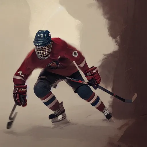 Prompt: hockey player, intricate, sharp focus, illustration, highly detailed, digital painting, concept art, matte, art by ruan jia and wlop and greg rutkowski, masterpiece