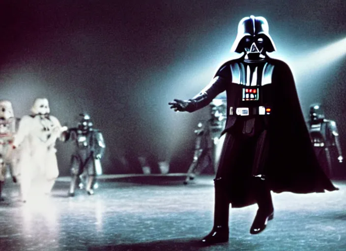 Image similar to film still of Darth Vader as Michael Jackson moonwalking on stage in concert