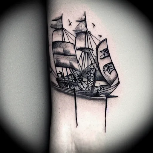 Image similar to realism tattoo design sketch of a pirate ship, by Da Ink