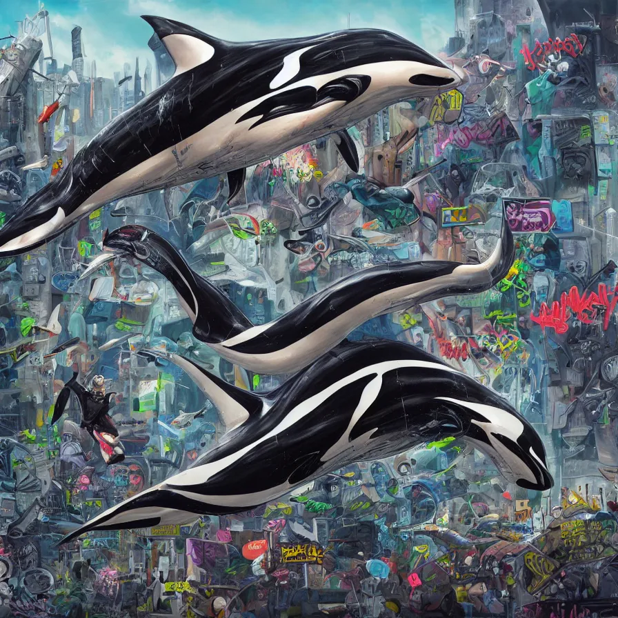 Prompt: an anatomical oil painting of an Orca covered in graffiti, flying through a cyberpunk city from a medical journal by Nychos and Ross Tran, highly detailed, high detail, 8k,