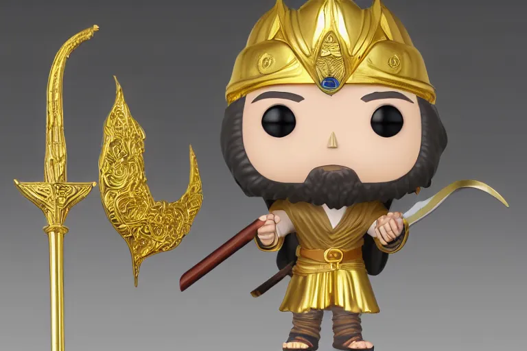 Image similar to an ultra detailed picture of the prophet mohammed as a funko pop, wearing bright gold armor and holding huge flaming longsword blessed by god, epic anime fantasy, 8 k, volumetric lighting, smooth, highly detailed, digital illustration, art by kentaro miura and akira toriyama and albert bierstadt and greg rutkowsi, artstation