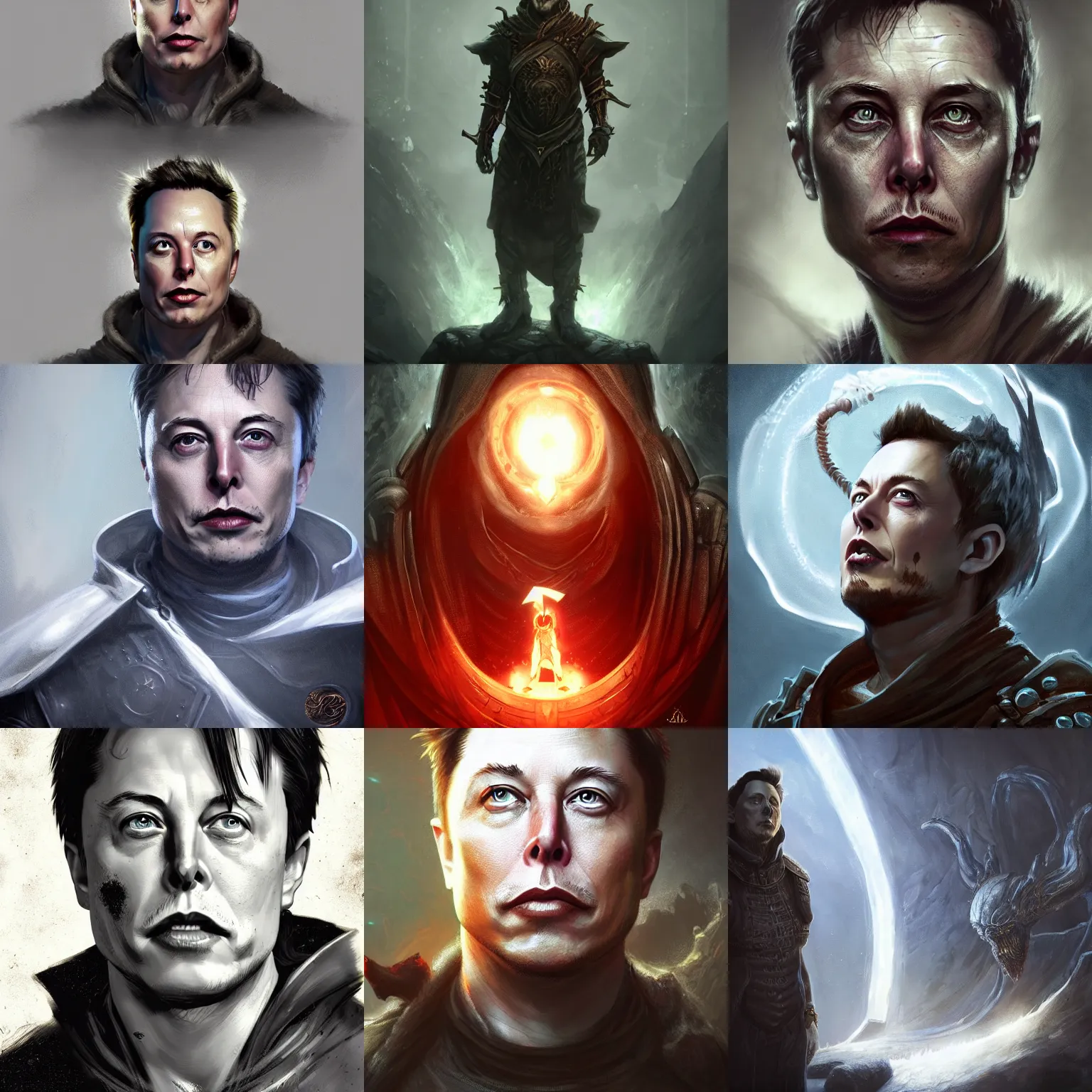 Prompt: epic portrait of elon musk as a sorcerer d & d character by the best fantasy concept artists and seb mckinnon in the style of skyrim art, artstation, cgsociety, volumetric lighting, 8 k