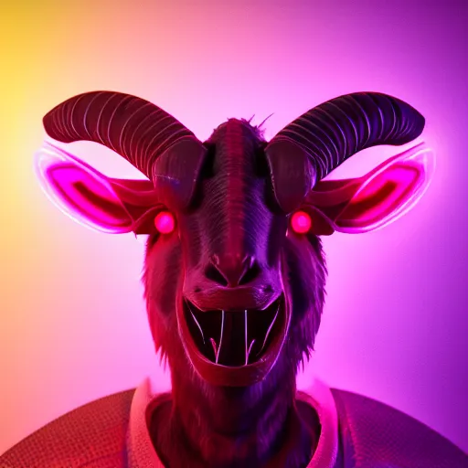 Image similar to synthwave demonic goat face with neon horns, detailed face, sharp focus, synthwave art, aesthetic, octane render, raw, cinematic, chromatic material