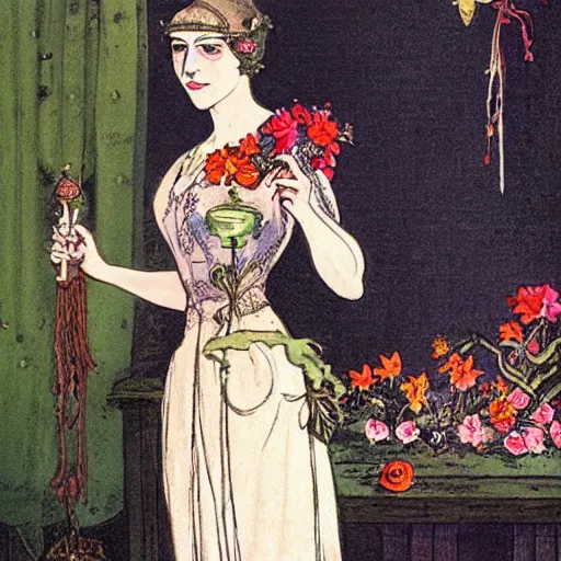 Image similar to a royal portrait of a cyborg woman. she holds a globe in one hand and flowers in the other. illustrated by burton rice. 1 9 1 2.