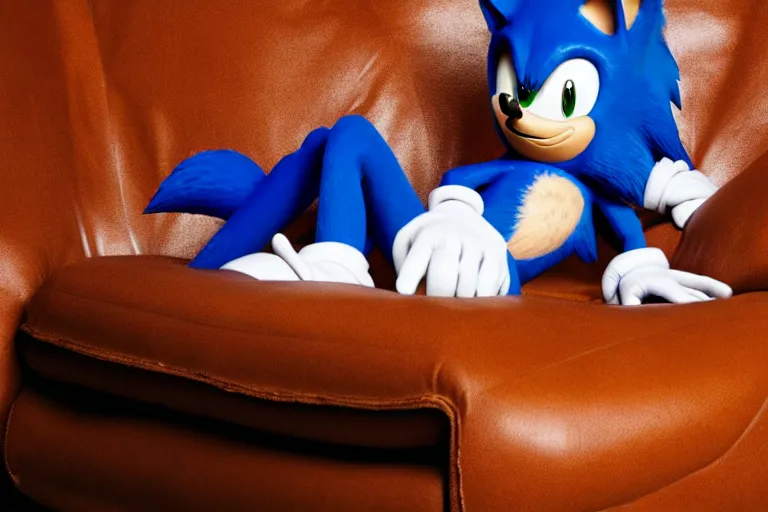 Prompt: sonic the hedgehog sitting on a leather couch, sultry photoshoot, shot by terry richardson