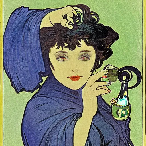 Image similar to a black cat with green eyes, holding a champagne flute filled with blue liquid, green background, in the style of Alphonse Mucha