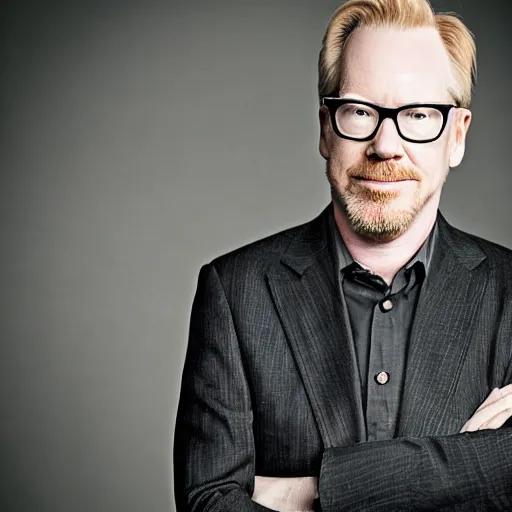 Image similar to adam savage in a fancy suit by a upscale party photoshoot