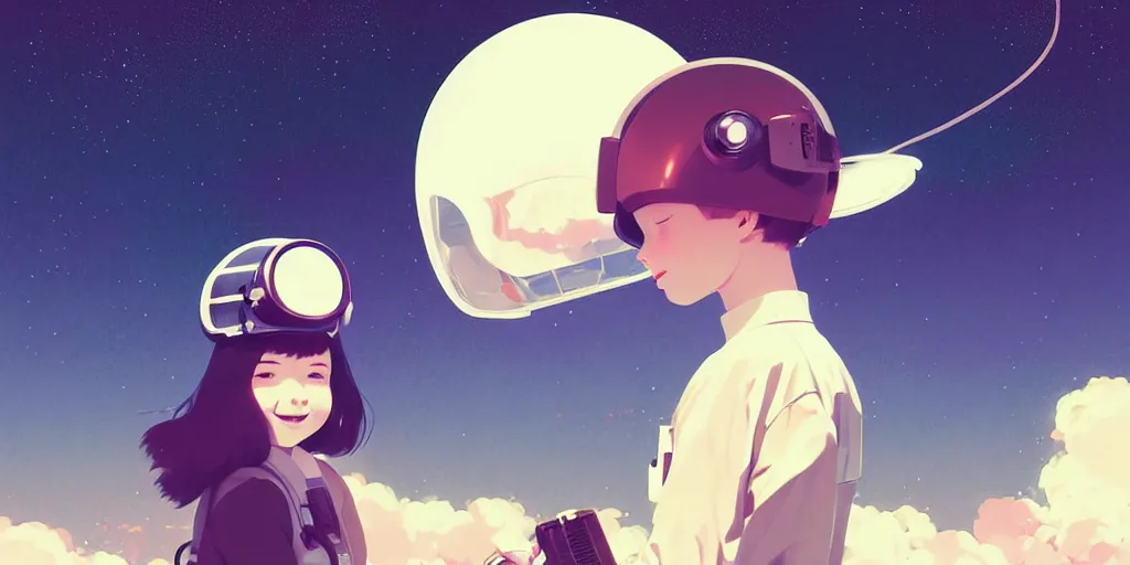 Prompt: portrait of smiling girl with astronaut helmet by ilya kuvshinov, cloudy sky background lush landscape ln illustration concept art anime key visual trending pixiv by victo ngai fanbox by greg rutkowski makoto shinkai takashi takeuchi studio ghibli