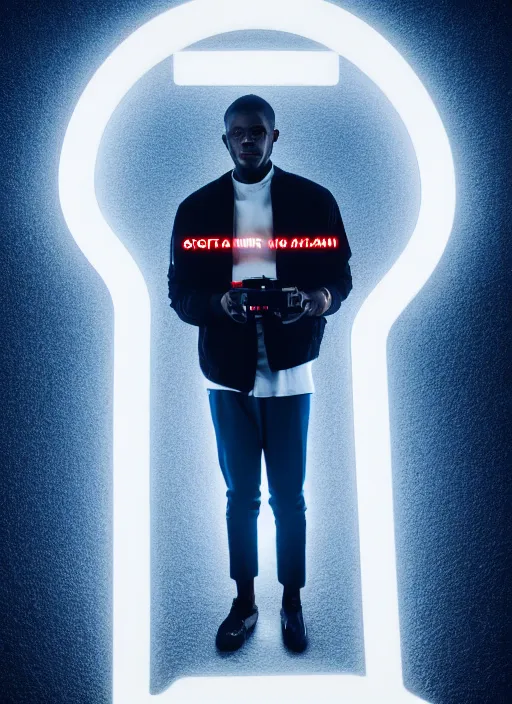 Image similar to a black man with short curly haircut, portrait, wearing black letter jacket, holding a futuristic looking big cinema camera, light blue led's, sharp focus, octane render, hyperrealistic, cinematic lighting, highly detailed, 8 k,