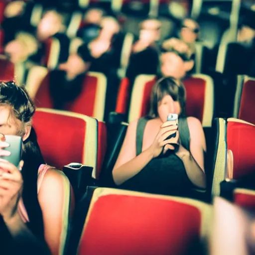 Image similar to people in a full dark movie theatre playing on their cellphones