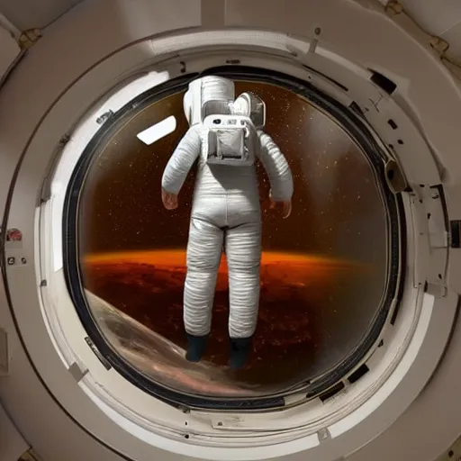 Image similar to astronaut looking out the window of a cozy space habitat on Mars