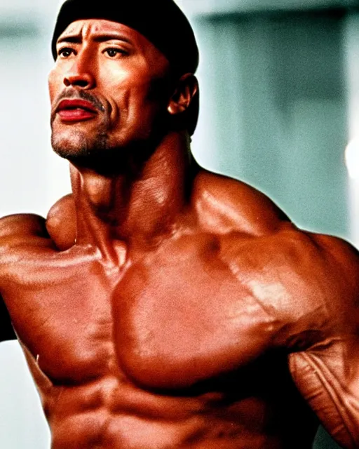 Image similar to Film still close-up shot of Dwayne Johnson as Rocky Balboa from the movie Rocky. Photographic, photography