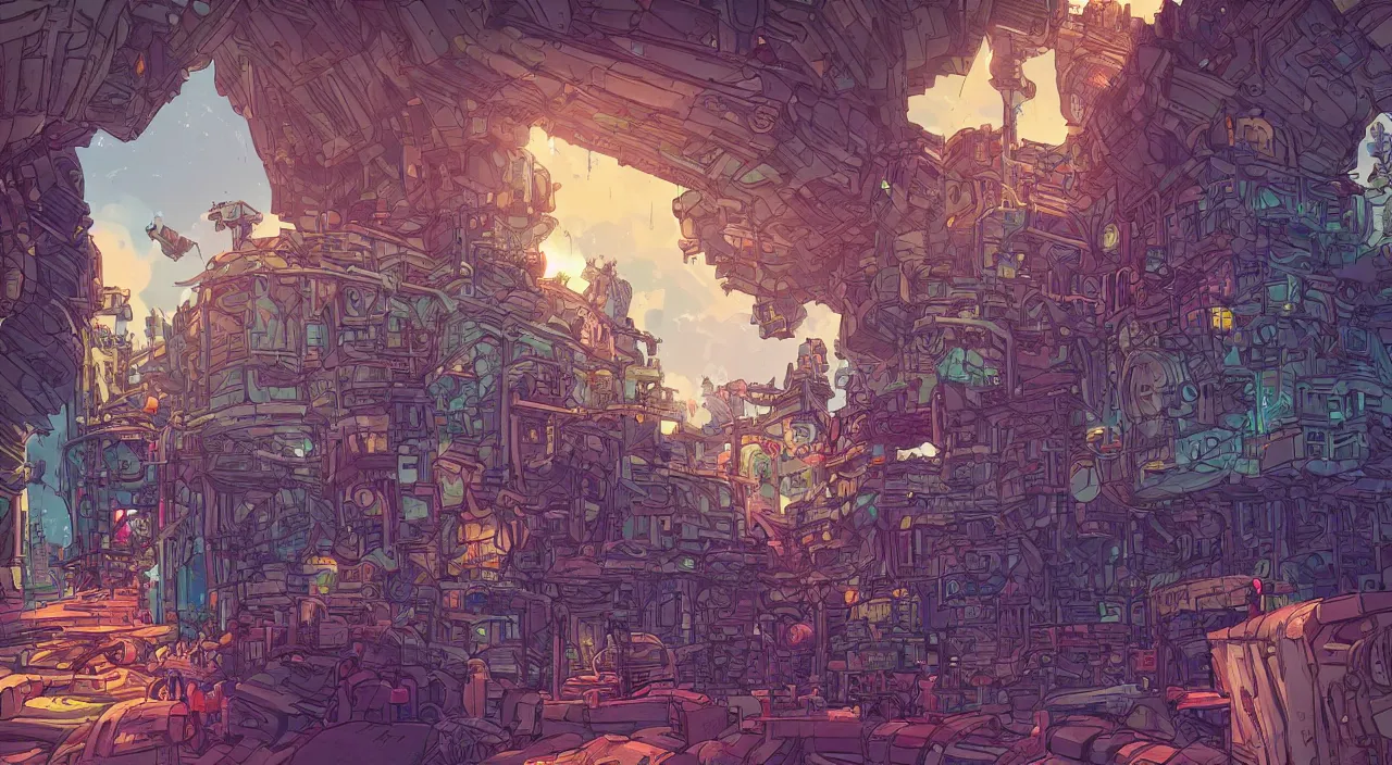 Image similar to open door wood wall fortress airship greeble block amazon jungle on portal unknow world ambiant fornite colorful that looks like it is from borderlands and by feng zhu and loish and laurie greasley, victo ngai, andreas rocha, john harris