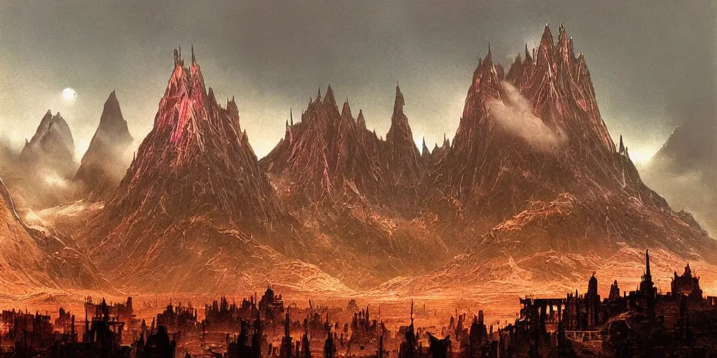 Prompt: “matte painting, helms deep, Bruce Pennington”