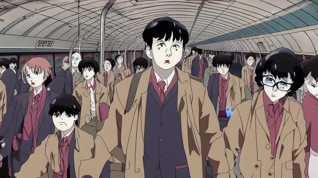 Image similar to horror movie about the london underground tube subway, anime film still from the an anime directed by katsuhiro otomo with art direction by salvador dali, wide lens