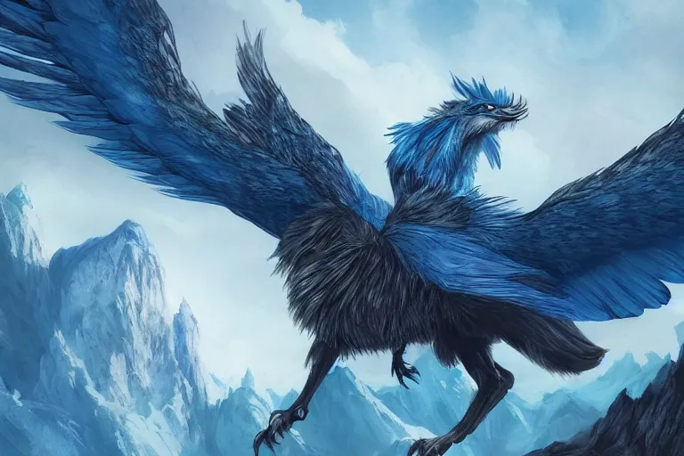 Image similar to Blue feathered wolf with wings on a beautiful fantasy landscape, hills, mountains, moonlit, HD, illustration, epic, D&D, fantasy, intricate, elegant, highly detailed, digital painting, artstation, concept art, smooth, sharp focus, illustration, art by XIAODI JIN, Anthony Devine and Yigit Koroglu