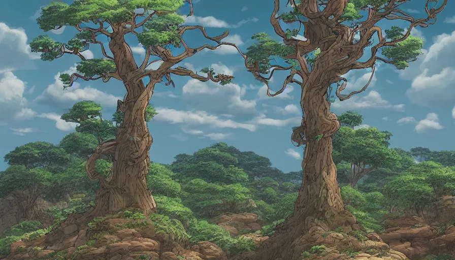 Prompt: a landscape of a single tree with bushes nearby, studio okinawa, castle in the sky, animated, anime, illustrated, vibrant, bypeter chung, 2 0 0 mm telephoto, background on artstation