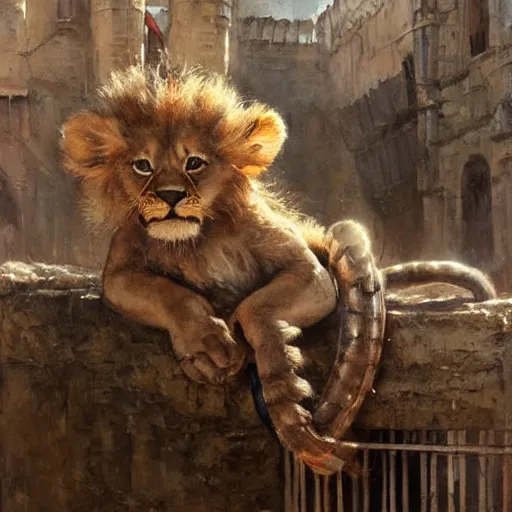 Image similar to cute lion cub with a scorpion tail in a cage on a medieval fantasy market, oil painting, by greg rutkowski