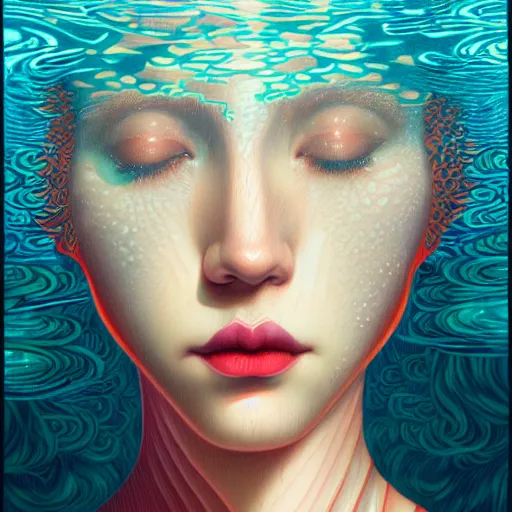 Image similar to beautiful face of a woman with red curly hair half submerged in water and Casey Weldon and Chie Yoshii, rich colors, intricate, elegant, highly detailed, centered, digital painting, artstation, concept art, smooth, sharp focus, illustration, octane render