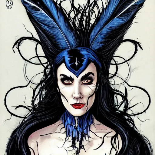 Prompt: Jennifer Connelly as dark fae gothic atompunk evil Disney villain queen with black feather hair, feathers growing out of skin, shedding feathers, in front of space station window, Mike mignola, trending on artstation, comic book cover, illustration