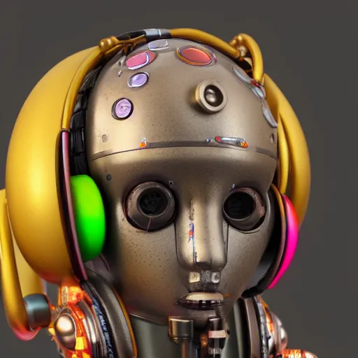 Image similar to a claymodel of a steampunk spaced out futuristic robot head wearing headphones and multicolored tubes, 8 k, front view, symetrical, flourescent colors, halluzinogenic, multicolored, exaggerated detailed, front shot, 3 d render, octane