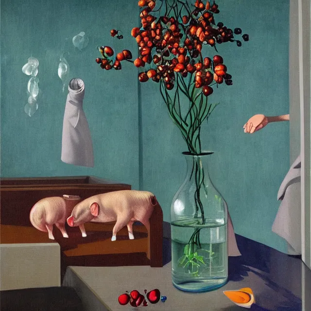 Prompt: a female pathologist in her apartment, a river flooding inside, pigs, plants in glass vase, water, river, rapids, canoe, pomegranate, berries dripping, acrylic on canvas, surrealist, by magritte and monet