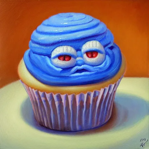 Prompt: A humanoid tasty looking cupcake with bushy eyebrows and grumpy face, blue light, extra detailed, oil painting, by MARGARET ANN EDEN
