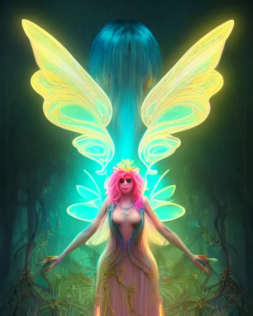 Image similar to portrait, stunningly beautiful female faerie priestess in a forest, symmetrical wings on back, neon hair, wearing a dress of gossamer gold, inner glow, illustration, dramatic lighting, soft details, painting, art nouveau, octane render, 8 k, hd, by brom, faces by otto schmidt