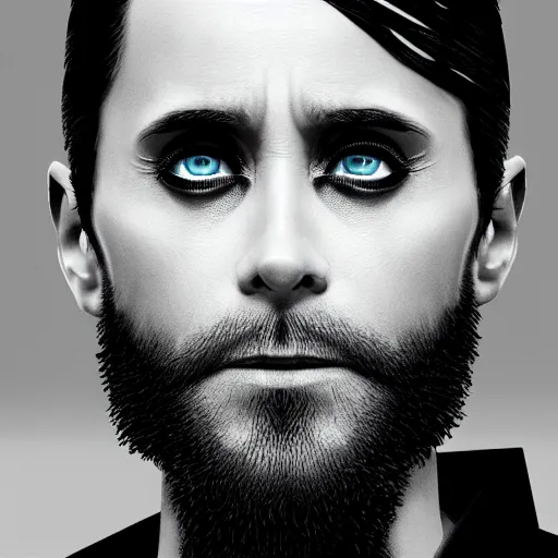 Image similar to jared leto portrait, cyberpunk 2 0 7 7, cyberpunk jackie welles, photorealistic, ultra detailed, neon, octane, bokeh, cinematic lighting, cyber, cyberpunk city, studio quality, feature, scars, cyberface, 8 k