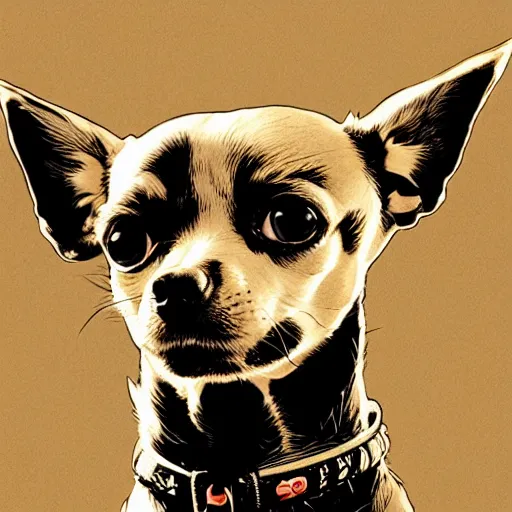 Image similar to portrait of a chihuahua looking angry by martin ansin, comic book art, frank miller, artstation, highly detailed, cinematic, extremely detailed, high quality